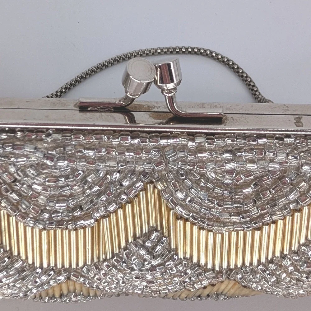 VTG Beaded Evening Bag Small Gold Silver Art Deco Kiss Lock Clutch Formal Glam